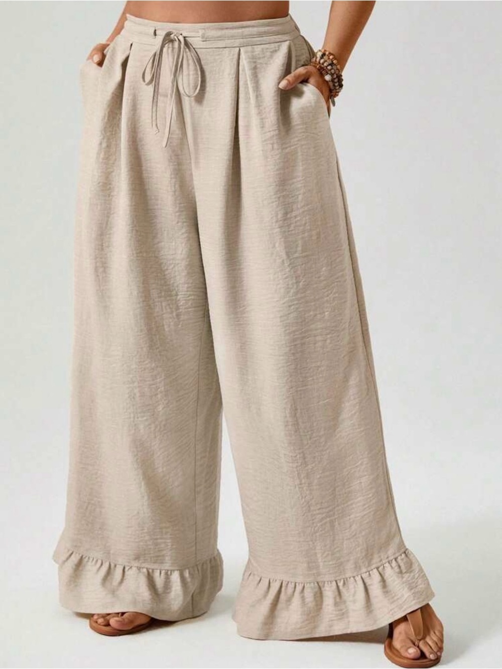 Freevana Plus Size Waist Tie Ruffle Hem Patchwork Wide Leg Pants, Ruffle 2X